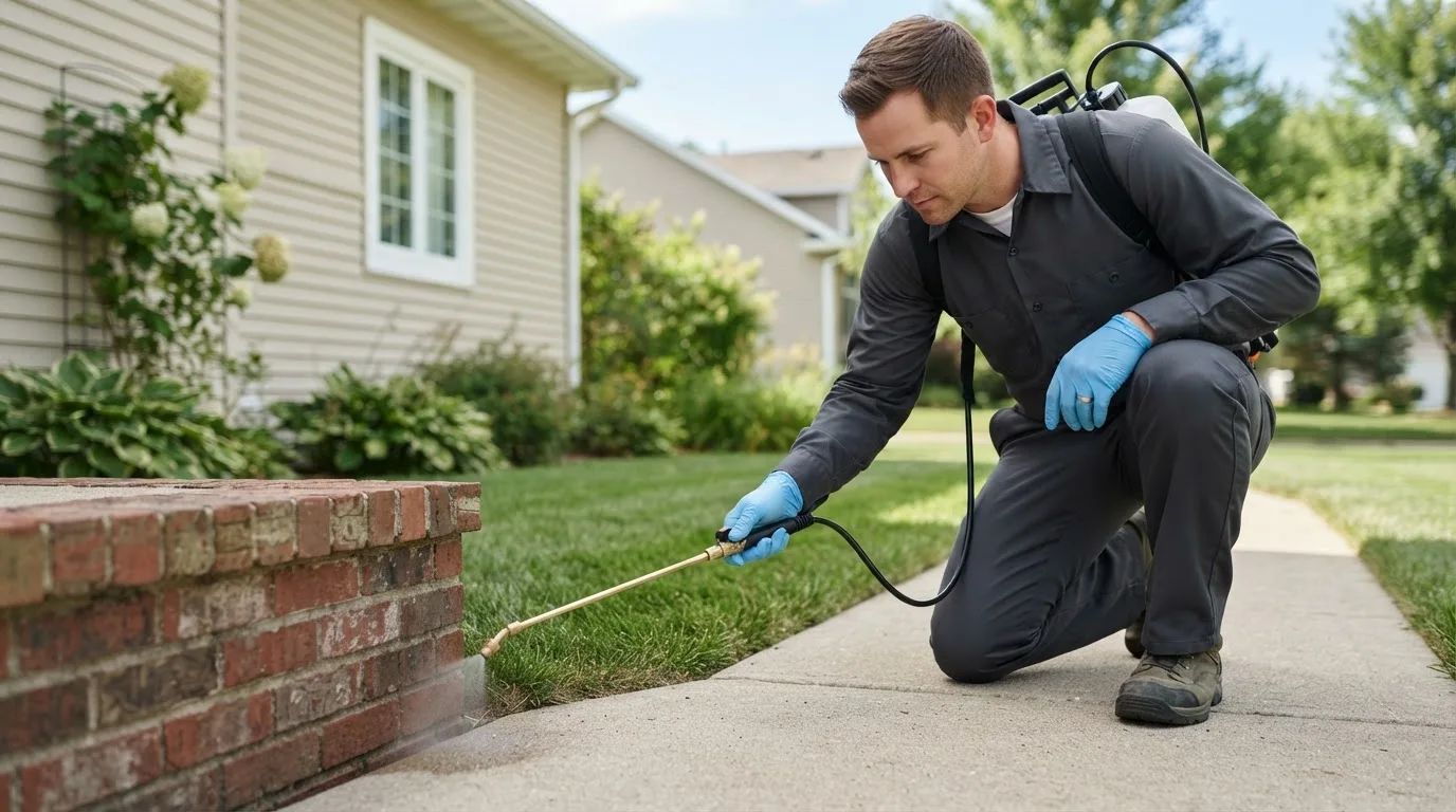 Pest control technician treating a home near Cummings, ND
