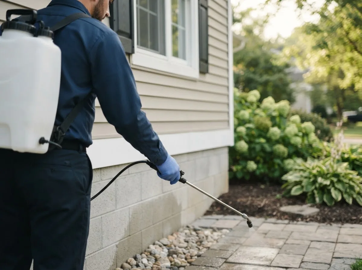 Pest control technician inspecting a home in Cummings, ND